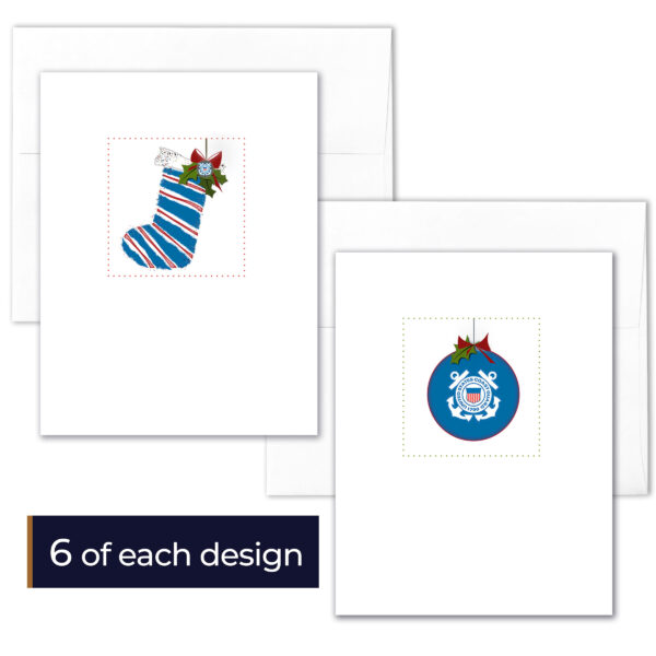 USCG boxed Christmas cards include 6 cards of each design (Stocking and USCG Ornament) for 12 cards and 12 envelopes. Perfect for Coasties and their families.