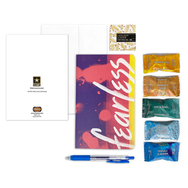 US Army Christmas Card, fearless journal, pen, and Cocktail Candies Holiday Reflections Gift Set for Soldiers from 2MyHero