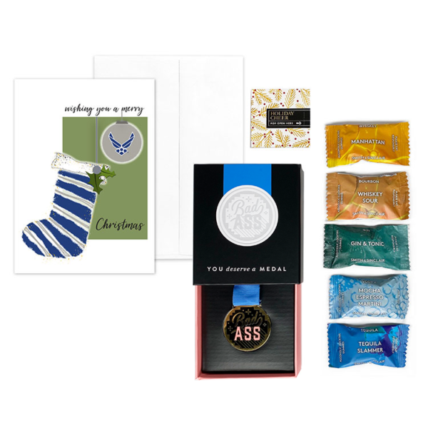 USAF Christmas Card, humorous medal "Bad Ass", and Cocktail Candies Holiday Applause Gift Set for Airmen from 2MyHero