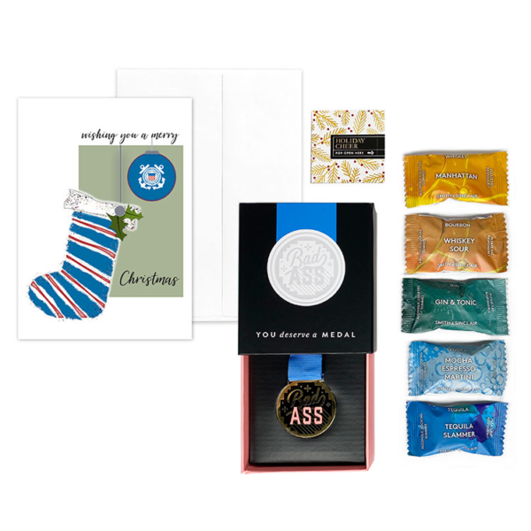 USCG Christmas Card, humorous medal "Bad Ass", and Cocktail Candies Holiday Applause Gift Set for Coasties from 2MyHero
