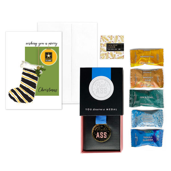 US Army Christmas Card, humorous medal, and Cocktail Candies Holiday Applause Gift Set for Soldiers from 2MyHero