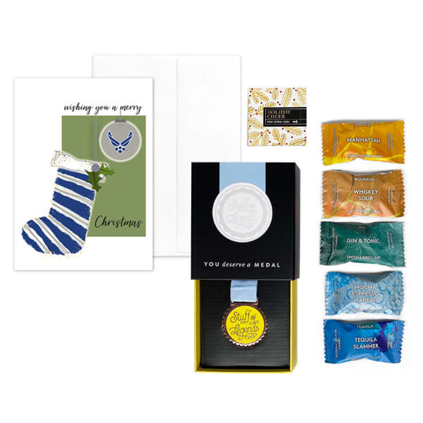 USAF Christmas Card, humorous medal "Stuff of Legends", and Cocktail Candies Holiday Applause Gift Set for Airmen from 2MyHero